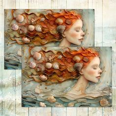 two pictures of a woman with red hair and seashells on her head are shown