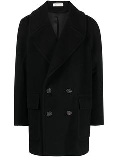 black cotton notched lapels long sleeves front button fastening Designer Winter Blazer With Concealed Fastening, Designer Double-breasted Pea Coat With Hidden Buttons, Winter Designer Blazer With Concealed Fastening, Designer Blazer With Concealed Front Fastening For Winter, Designer Long Sleeve Pea Coat With Concealed Placket, Black Double-breasted Outerwear With Concealed Placket, Designer Double-breasted Outerwear With Double Button Closure, Modern Black Outerwear With Double Button Closure, Modern Black Double-breasted Outerwear