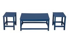 three blue tables sitting next to each other