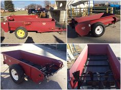 four different pictures of a red trailer with wheels