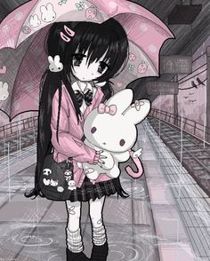 a girl with an umbrella holding a hello kitty doll