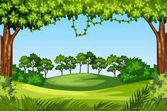 an illustration of a green golf course surrounded by trees