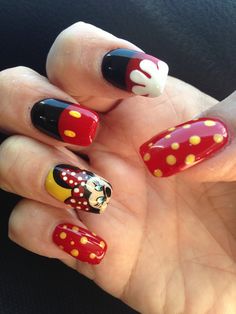 Disney nail art. Instead of red and yellow use orange, green or purple for… Toe Nail Designs Pink, Disney Toe Nail Designs, Disney Nails Mickey, Easy Disney Nails, Mickey Mouse Nail Design, Disney World Nails, Nail Designs Pink, Disney Themed Nails