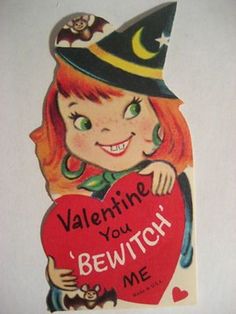 a valentine's day card with a girl holding a heart that says, valentine you bewitch me