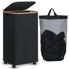 a black trash can next to a mesh bag with the lid open and on wheels