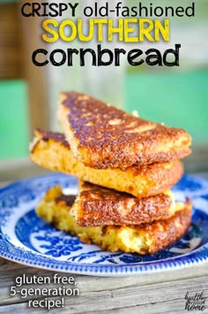 two grilled cornbreads stacked on top of each other with text overlay reading crispy old - fashioned southern cornbread