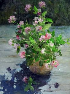 a painting of pink and white flowers in a pot on a table with water droplets