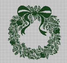 a cross stitch christmas wreath with green bows and holly leaves on it, in the shape of a bow