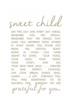 a card with the words sweet child written in cursive writing on white paper