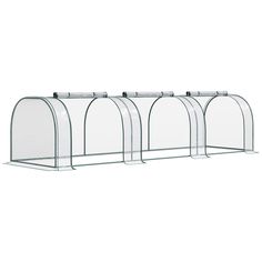 three clear glass shelves are lined up against the wall, with one shelf on each side