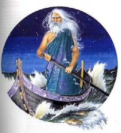 an old man with white hair and beard in a boat on the water, surrounded by waves