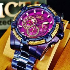 Invicta | Accessories | Mens Purple Bolt Dial Gold Trim 52mm Watch | Poshmark Purple Chronograph Watch Accessories With Round Dial, Pink Chronograph Watch As Gift, Pink Chronograph Watch For Gift, Purple Analog Watch, Luxury Purple Watch For Formal Occasions, Luxury Purple Watches For Formal Occasions, Purple Quartz Watch Accessory With Round Dial, Beautiful Watch, Beautiful Watches