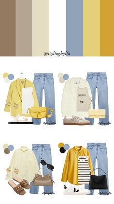 Blue jeans and yellow outfit combination Yellow Color Palette Combination, Yellow Outfit Color Combos, Jeans Color Combination, Bright Spring Outfit Ideas, Yellow Color Combinations Outfits, Blue Outfit Combination, Blue And Yellow Outfit Ideas, Spring Color Palette Outfits, Yellow And Blue Outfits