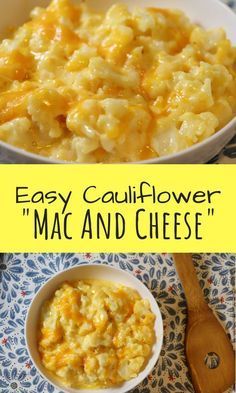 macaroni and cheese in a white bowl with the words easy cauliflower mac and cheese