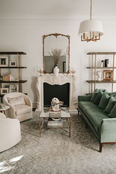 a living room filled with furniture and a fire place in the middle of a room