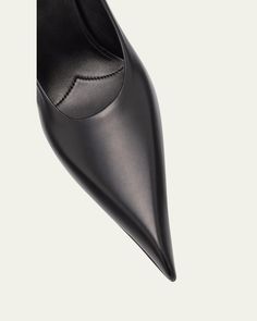 Prada smooth calf leather pumps    3.25 in / 85 mm stiletto heel    Pointed toe    Slipon style    Leather outsole    Made in Italy