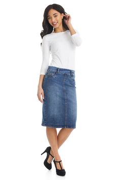 Classic Blue Denim Jean Skirt for Regular and Plus Size Women 'Boston' Dark Wash Straight Leg Stretch Skirt, Dark Wash Stretch Skirt With Straight Leg, Spring Stretch Denim Pencil Skirt, Casual Denim Stretch Pencil Skirt, Stretch Denim Blue Knee-length Skirt, Knee-length Stretch Denim Skirt, Spring Stretch Dark Wash Denim Skirt, Spring Stretch Denim Skirt In Dark Wash, Spring Dark Wash Stretch Denim Skirt