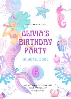 Dive into the magic of the ocean with our Watercolour Mermaid Birthday Invitation! This enchanting invite is perfect for little mermaid fans of all ages! 🌊🧜‍♀️🐚🪸

Featuring a beautiful hand-painted watercolour design, it showcases a whimsical mermaid, seahorse, starfish, and coral in soft hues of light blue, turquoise, pink, and lilac 🦀🐠

Fully customizable with Canva, this 5x7" template allows you to easily edit the child's name, age, and party details, making it perfect for any mermaid-themed celebration

Product Features:

Instant Digital Download: Access your template immediately after purchase. Watercolour Mermaid, Whimsical Mermaid, Mermaid Invitation, Girls Party Invitations, Watercolor Mermaid, Mermaid Invitations