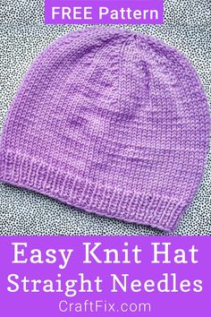 a knitted hat with text overlay that reads, easy knit hat straight needles