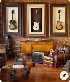 a living room filled with furniture and guitars