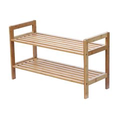 a wooden bench sitting on top of a white wall next to a shelf with two shelves