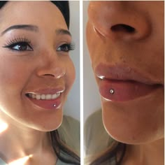 two pictures of a woman's nose with piercings on her lip and the other side of her mouth