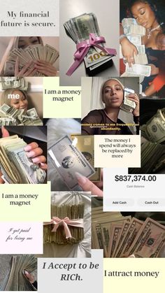 a collage of images with money and the words i accept to be rich on them