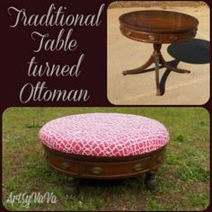 an old table turned ottoman with pink and white fabric