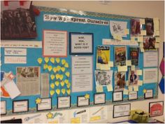 a bulletin board with pictures and notes on it