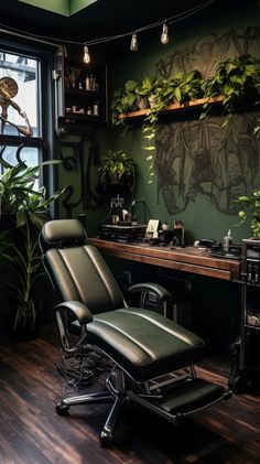 a chair in front of a window next to a desk with plants on the wall