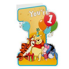 winnie the pooh 1st birthday card with balloons and animals on it's front