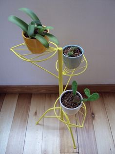 three potted plants sitting on top of a yellow metal stand with two green leaves