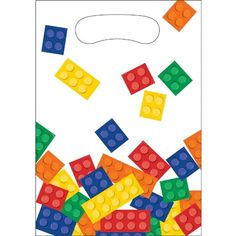 a bag with legos on it that is made out of white paper and has multicolor