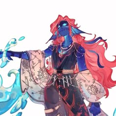 a woman with long red hair and blue makeup is standing in front of some water