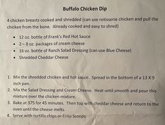 a menu for buffalo chicken dip with instructions