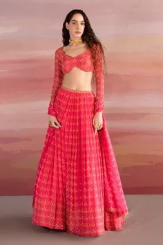 Shop for Ease Pink Floral Print Lehenga Set for Women Online at Aza Fashions Floral Print Lehenga, Print Lehenga, Pink Lehenga, Embroidered Dupatta, Peach Flowers, Full Sleeves, Embroidered Blouse, Set For Women, Embroidered Flowers