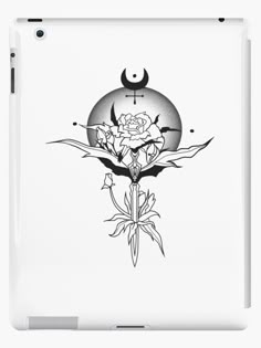 a black and white drawing of a rose with a crescent on it's back