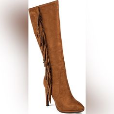 Brown Suede Fringe Boots With Crystals. Brand New In Box. Brown Suede Heeled Boots For Party, Brown Suede Party Boots, Party Suede Brown Boots, Brown Suede Boots For Party, Suede Fringe Boots, Couture Shoes, Fringe Boots, Suede Fringe, Heel Sandals