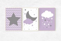 three purple and white wall art prints with stars, clouds and moon on them in different colors