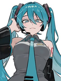 an anime character with blue hair and black gloves