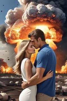 a man and woman kissing in front of an explosion