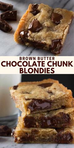 Collage of 2 photos of chocolate chunk blondies Chocolate Chunk Blondies, Oreo Dessert, Chocolate Chunk, Easy Baking Recipes Desserts, Sweet Snacks Recipes, Baked Dessert Recipes, Desserts To Make, Fun Baking Recipes, Easy Baking Recipes