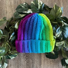 a multicolored knitted hat sitting on top of a wooden floor next to green leaves