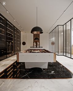 a pool table in the middle of a room with black and white marble flooring