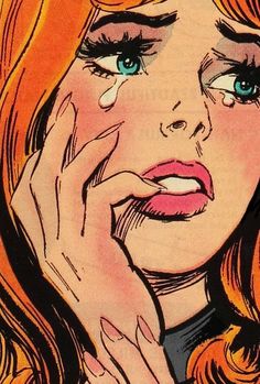 a drawing of a woman with blue eyes and red hair holding her hand to her face