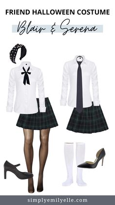 a woman wearing a white shirt and green plaid skirt with high heeled shoes is standing in front of the caption that reads, friend halloween costume blow & gena