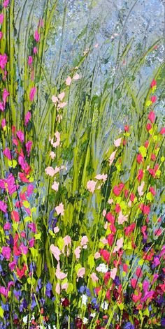 an oil painting of colorful flowers in the grass