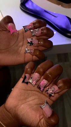 Nail Ideas Acrylic Long Coffin, Birthday Nail Designs Square, Capricorn Birthday Nails Acrylic, French Tip Acrylic Nails Square, Bape Nails Acrylic, Pink And Black Nails With Charms, Pink And Black Crocodile Nails, Black Duck Nails With Charms, Pink Duck Nails With Charms