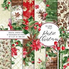 christmas digital paper pack with holly and poinsettis