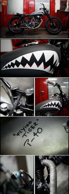 several pictures of a motorcycle with shark teeth on it